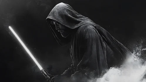 Hooded figure holds glowing energy sword in dark fog
