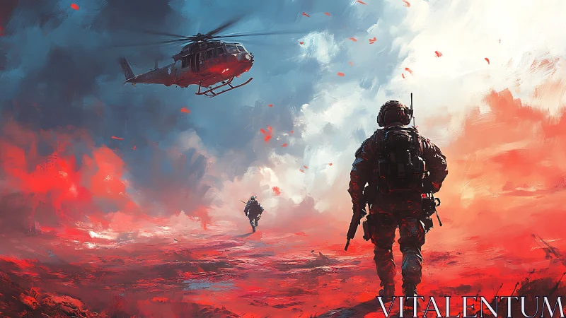 Soldier walks toward helicopter through red battlefield haze