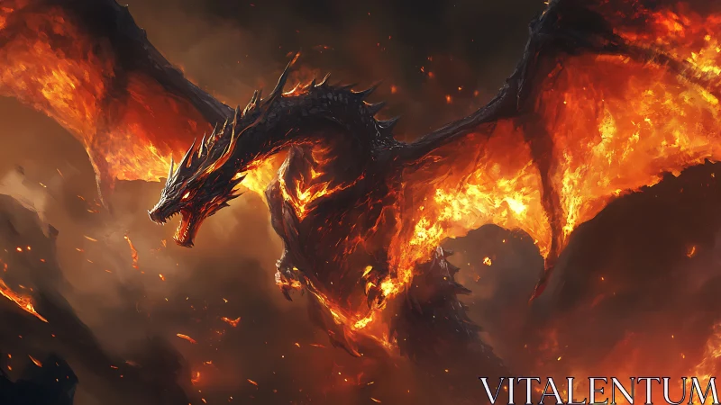 Inferno-winged dragon tears open a molten stormy sky