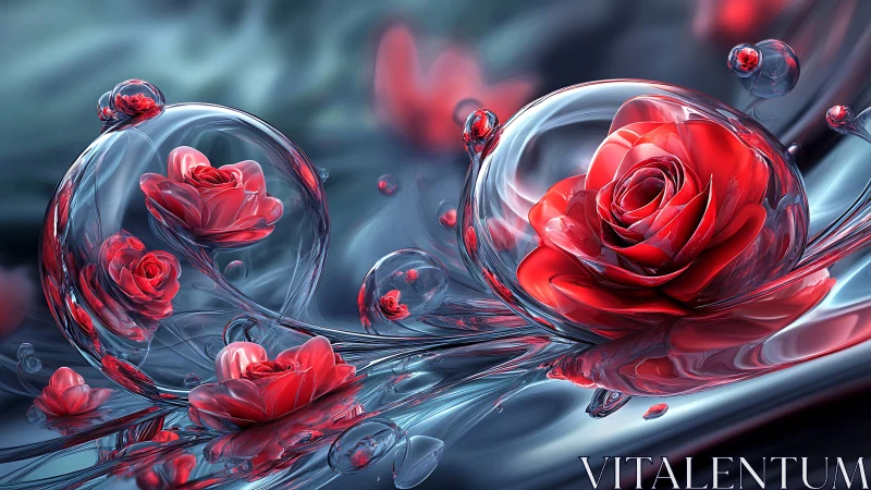 Crimson bubble roses adrift on liquid glass dreams.