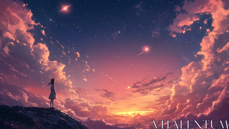 Soft sunset sky welcomes a quiet girl into a dreamy night