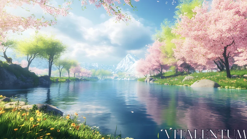 Spring mountain lake with cherry blossoms and clear sky.