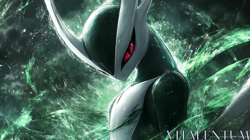 Blade-helmed creature amid emerald energy vortex portrait.