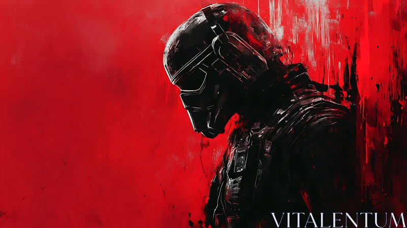 Solitary sci fi soldier resting in a storm of red light.