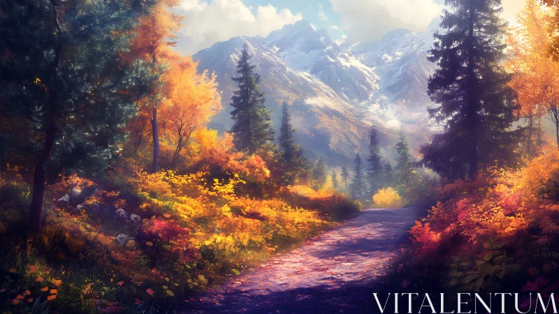 Autumn forest trail leads toward majestic snowcapped mountains.