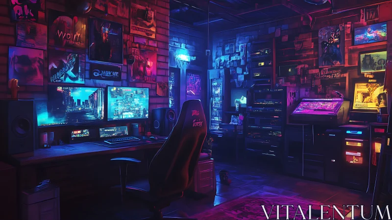 Cyberpunk gamer workstation glows with neon hardware.