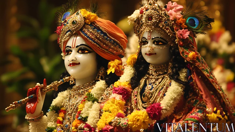 Divine duo in marigold crowns and jeweled festival hush.