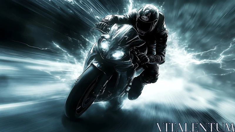 Sport motorcycle rider bursts through electric speed tunnel.