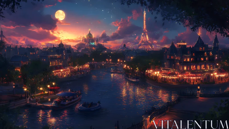 Moonlit Parisian riverfront under glowing festival lights.