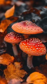Crimson forest toadstools glowing amid sleepy autumn leaves.