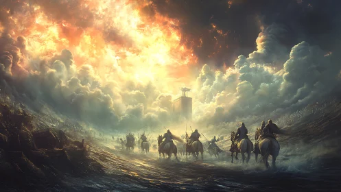 Mounted warriors advance toward a fortress under apocalyptic skies