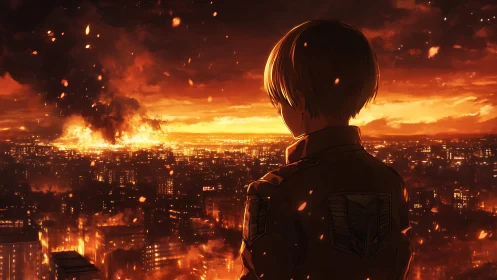 Figure observing extensive urban fire under orange sky.