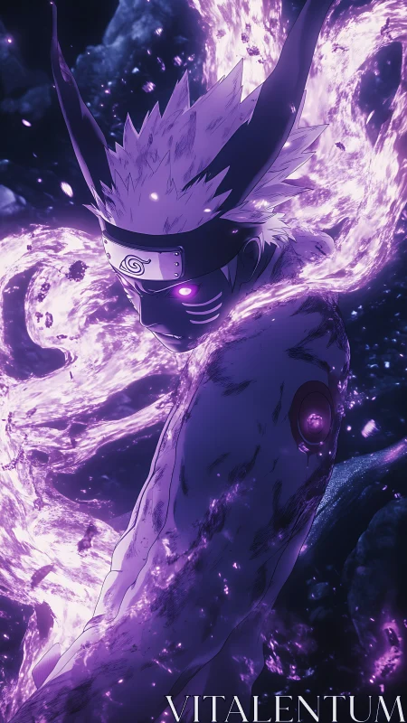 High-energy chakra aura engulfs horned ninja in violet plasma field