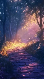 Enchanted stone pathway under golden twilight canopy.
