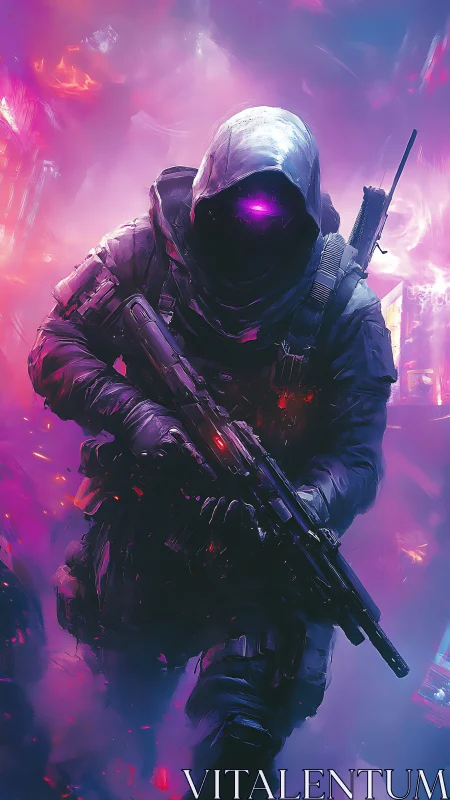 Cyberpunk stealth operative in neon particle storm environment.