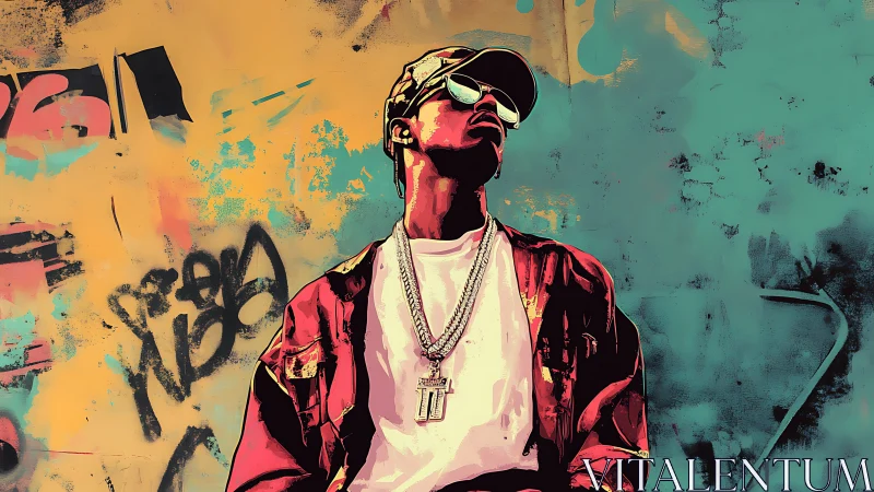 Urban hip hop portrait against bold graffiti wall backdrop.