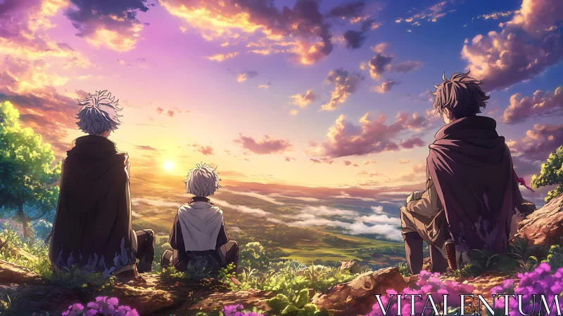 Sunset gathers three travelers in a gentle valley embrace