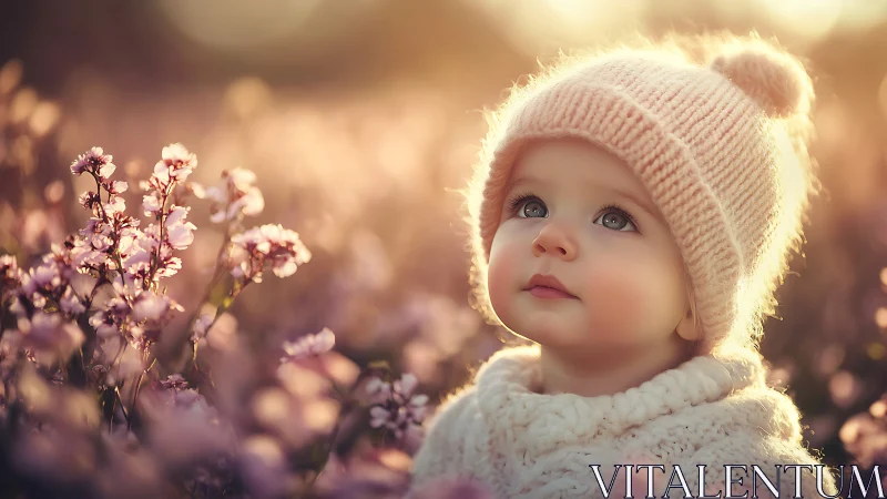 Young child in knit hat amid flowering field landscape composition