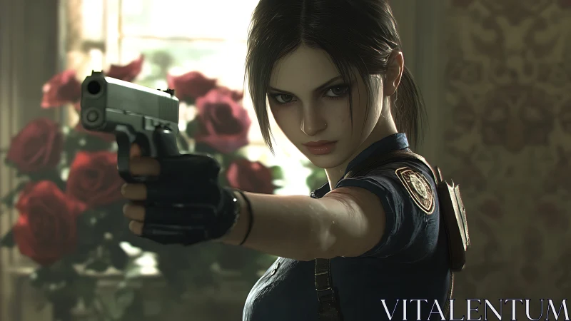 Gunmetal gaze and velvet roses in a tense standoff tableau.