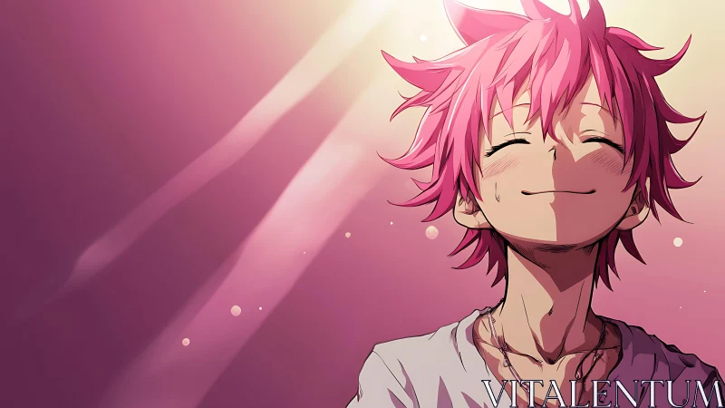 Smiling pink haired anime teen enjoys warm glowing sunlight