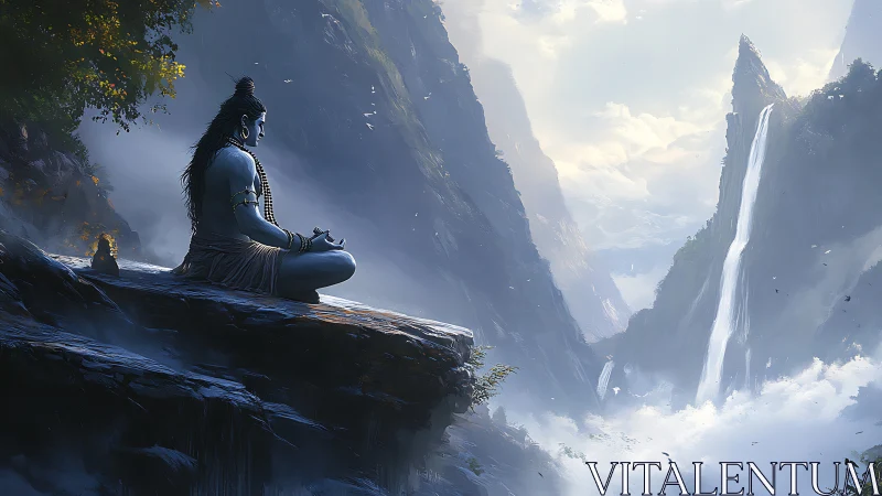 Meditating blue figure sits on cliff above misty valley