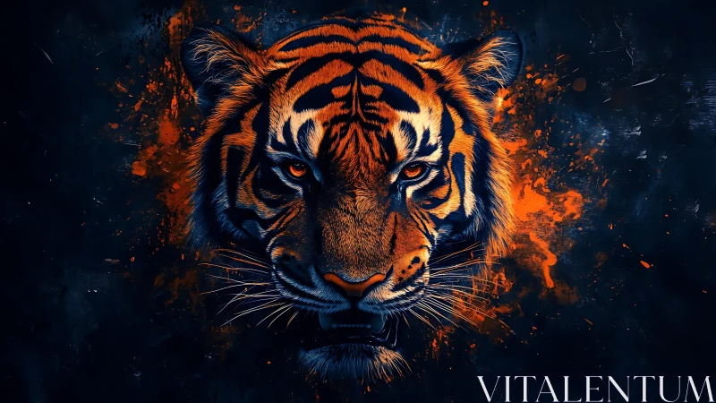 Chromatic tiger portrait with neon contrast and splatter dynamics.