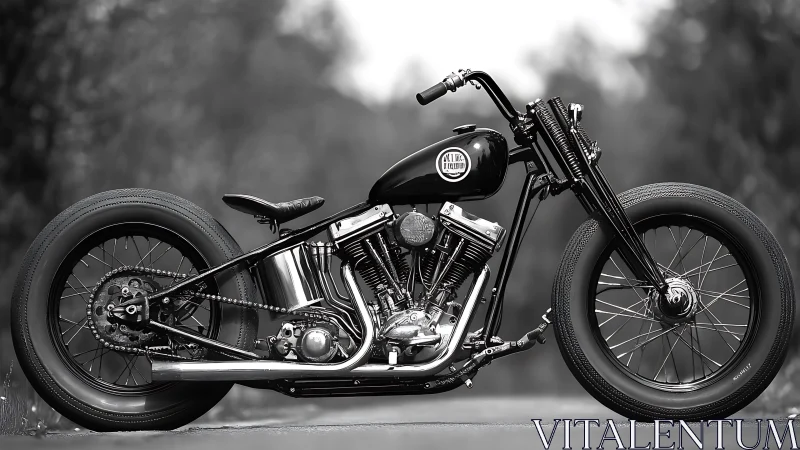 Custom black bobber motorcycle with vintage hardtail frame.