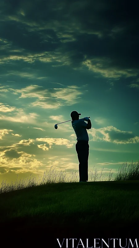 Silhouetted golfer carves twilight arcs across stormy sky.