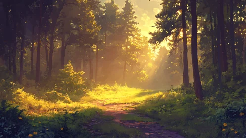 Golden Forest Path Where Sunlight Meets Adventure.