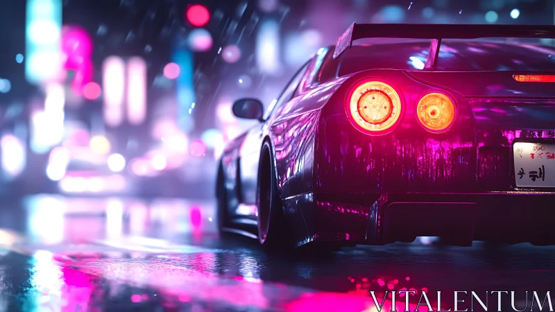 Neon street racer cuts through rain soaked cyber city night.