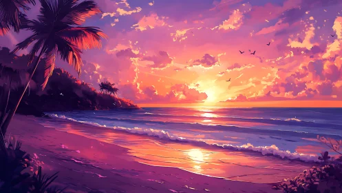 Tropical shoreline sunset with palm trees and calm waves.