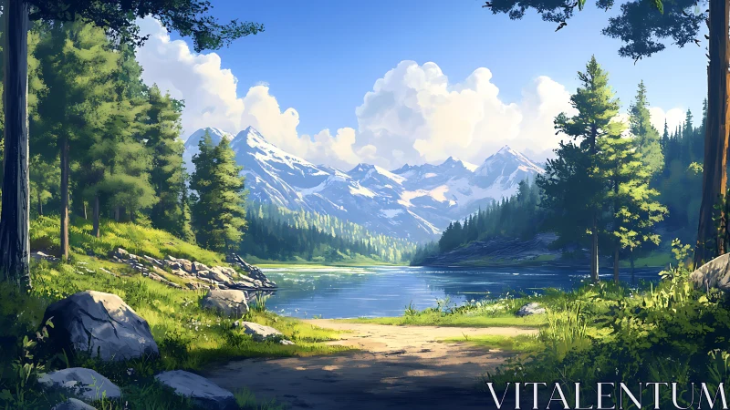 Sunlit alpine lake framed by pines and distant peaks.