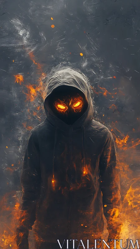 Hooded fiery figure with glowing eyes in dark flames