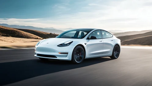 White electric sedan on open highway in dry hilly landscape.