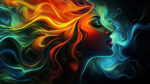 Digital portrait uniting fiery and cool swirling energy flows.