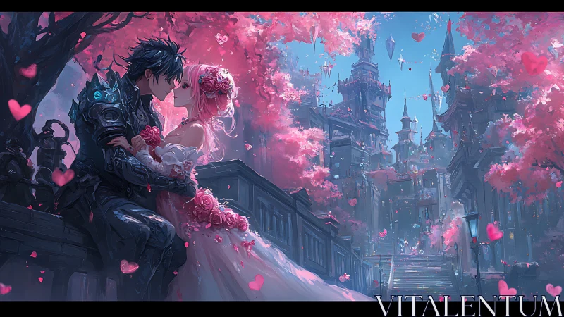 Cyborg and Bride Embrace Within Pink Floral Cityscape Architecture