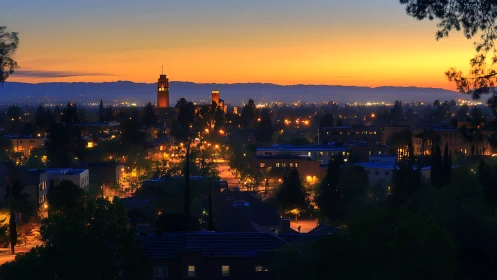 Golden hour city skyline glows softly against distant hills