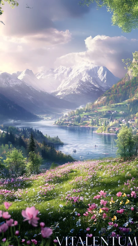 Sunlit alpine valley and lake framed by blooming meadow.