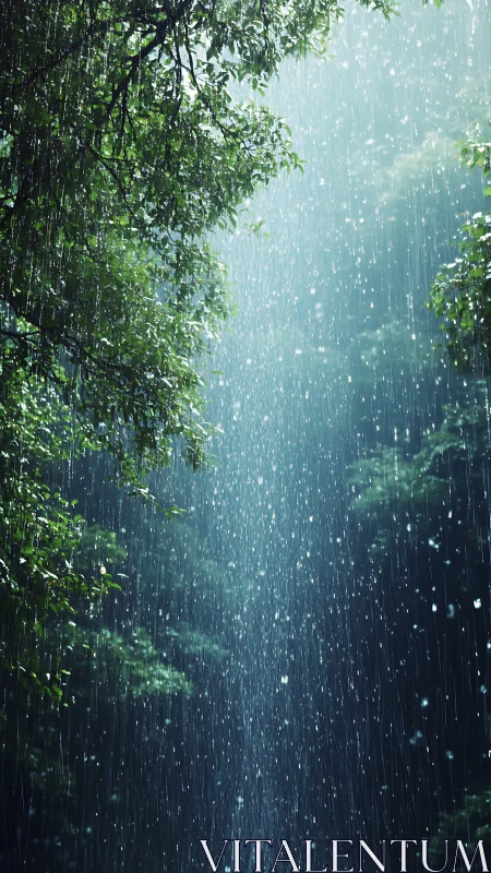 Heavy rainfall on natural landscape with foliage.
