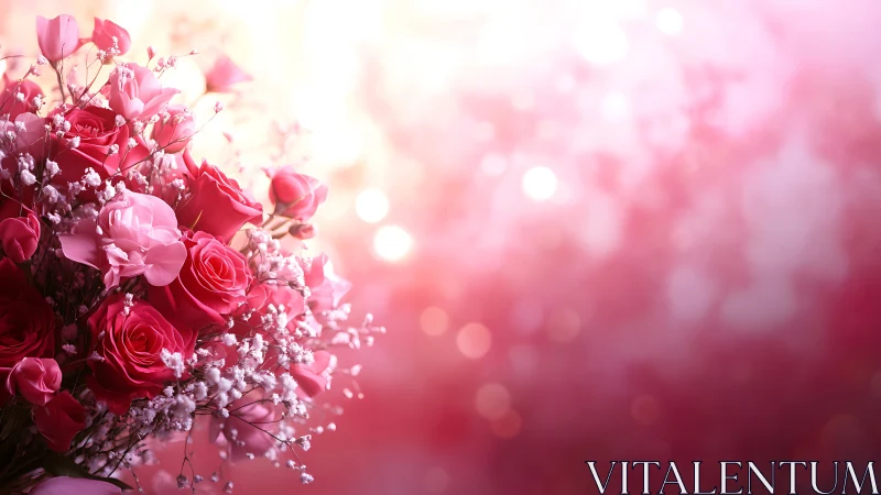 Pink Roses and Baby's Breath in Soft Bokeh Light.