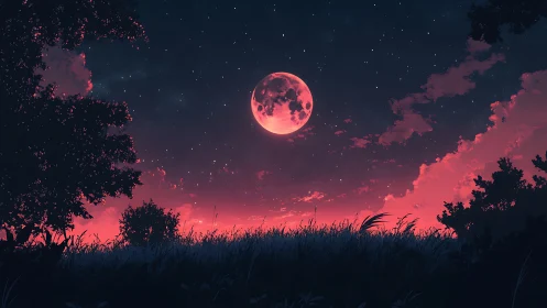 Crimson moonrise over silhouetted meadow in anime nightscape.