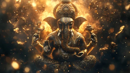 Golden digital artwork of Ganesha seated in glowing light.