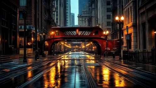 Rain-soaked city street under red bridge at night.