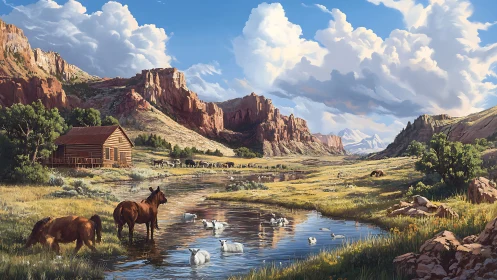 Western river valley with horses, sheep and distant mountains