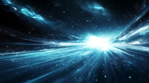 Stellar warp field with bright blue cosmic light burst.
