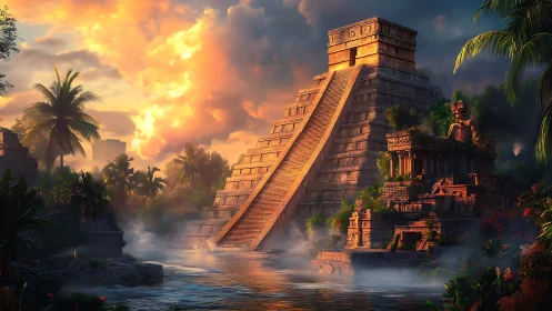 Sunlit Mesoamerican stone pyramid framed by dense tropical riverine jungle