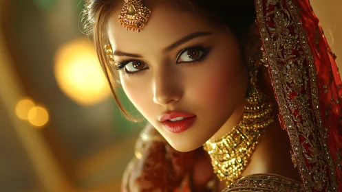 Gilded gaze of a bridal muse in ember-bright splendor.