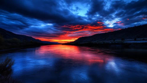 Intense blue river at sunset under dramatic red clouds.