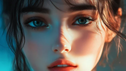 Hyperreal teal-eyed portrait with cinematic rim lighting.