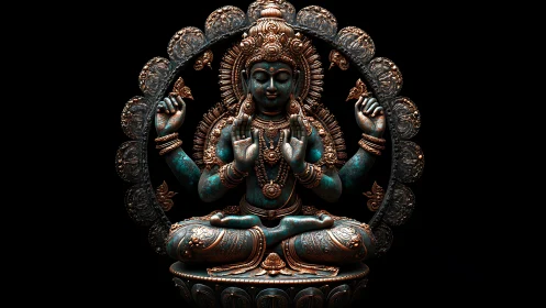 Celestial bronze deity in teal twilight meditation ring.